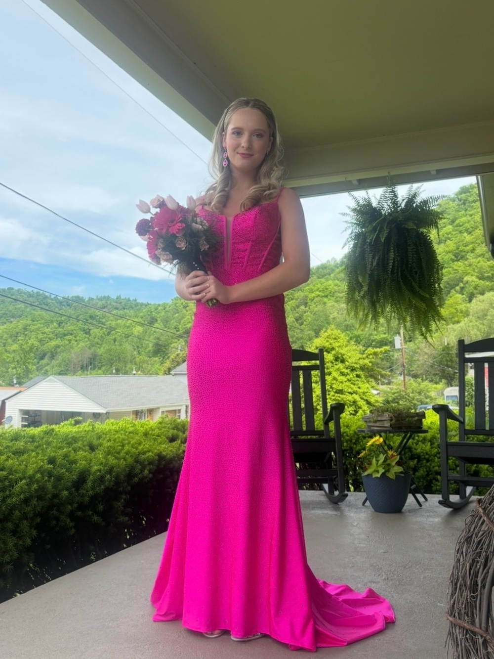 Sherri Hill Hot Pink Strapless Prom Gown with Corset Bodice